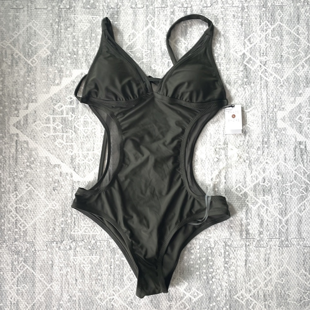 COPY - NWT Shade & Shore olive green long torso Medium one piece swimsuit